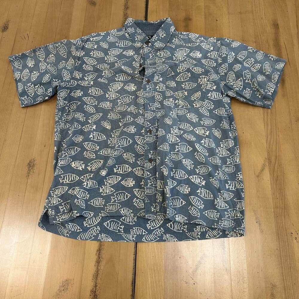 Newport Blue Fish Print Shirt Size L Blue Cotton Short Sleeve Button Up